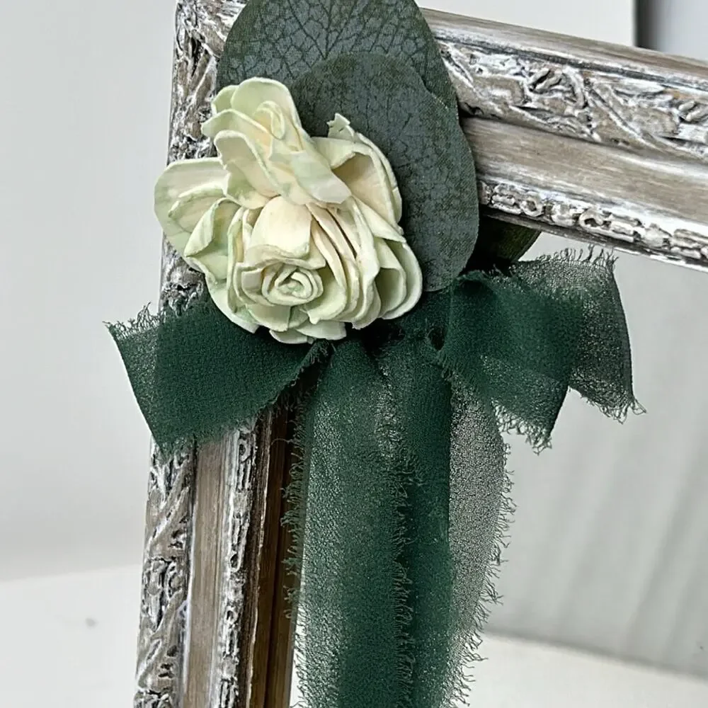 Hand Painted & Distressed Mirror Paper Rose & Green Chiffon Bow